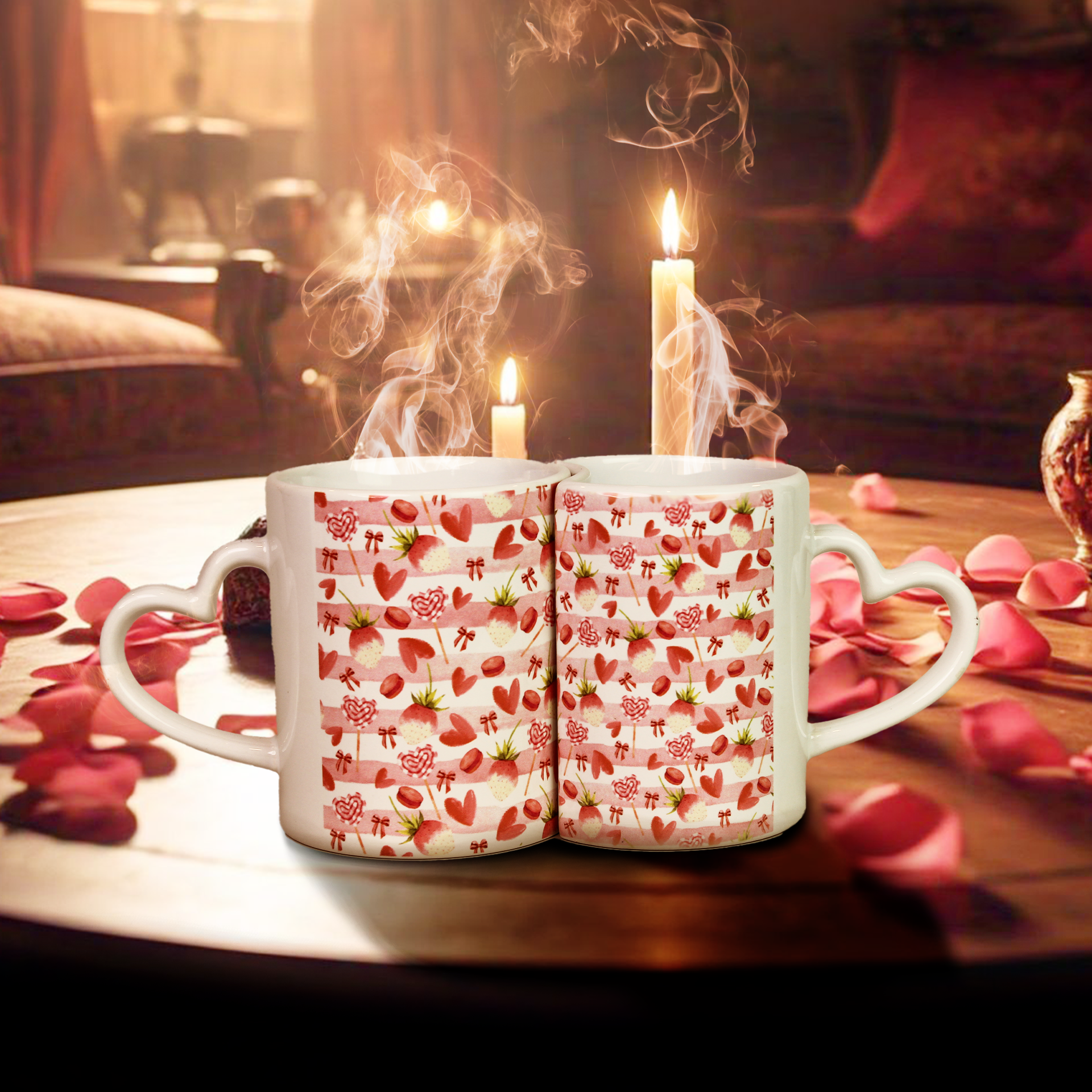 Romantic collection of Lover Mugs featuring heart-shaped handles and interlocking designs, perfect for couples and Valentine's Day gifting