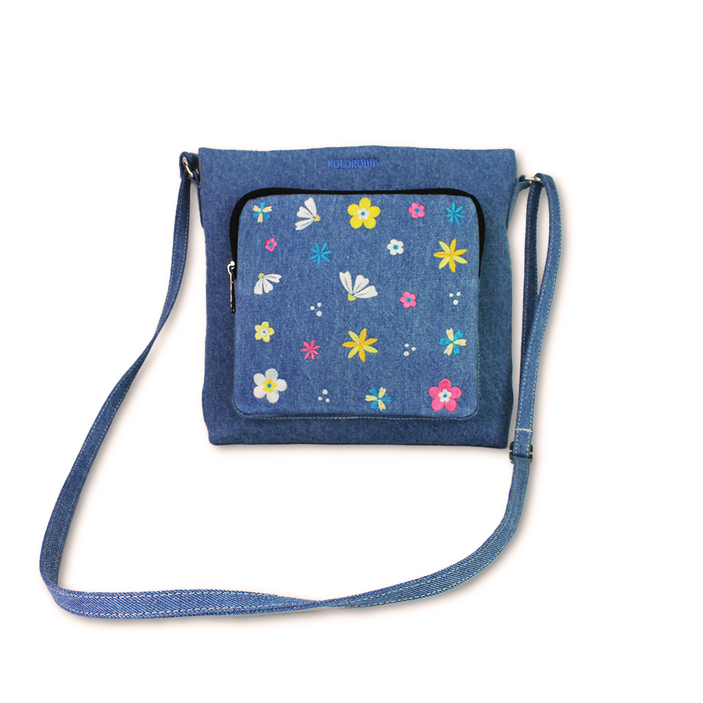 Blue Sky Blossoms Embroidered Denim Sling Bag