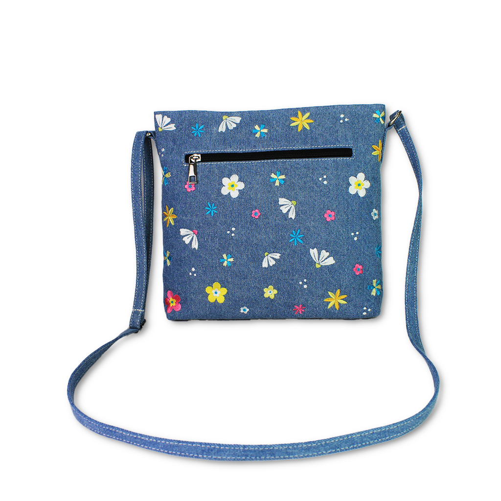 Blue Sky Blossoms Embroidered Denim Sling Bag