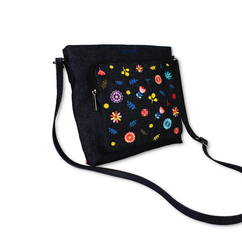 Floral Confetti Embroidered Denim Sling Bag