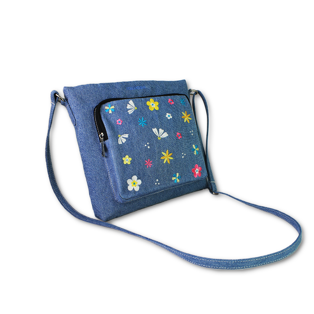 Blue Sky Blossoms Embroidered Denim Sling Bag