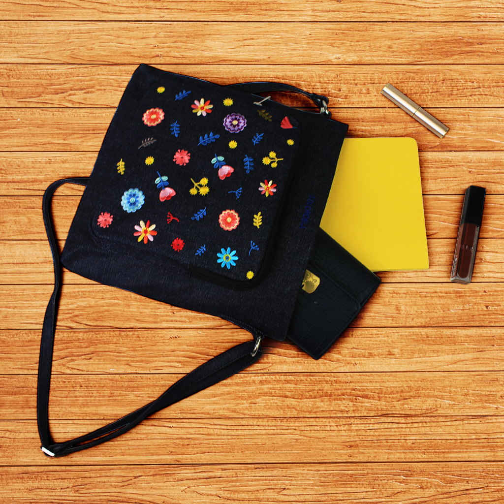 Floral Confetti Embroidered Denim Sling Bag