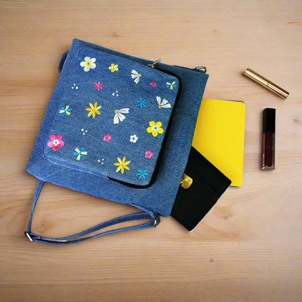 Blue Sky Blossoms Embroidered Denim Sling Bag
