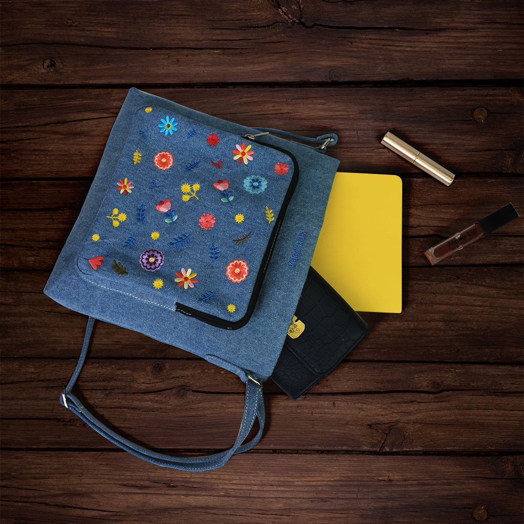 Garden Party Embroidered Denim Sling Bag