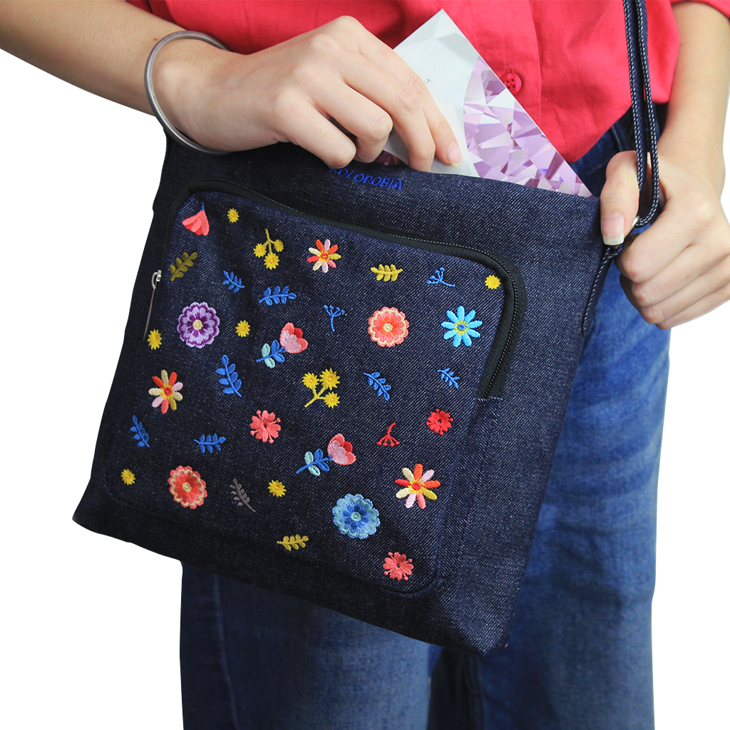 Floral Confetti Embroidered Denim Sling Bag