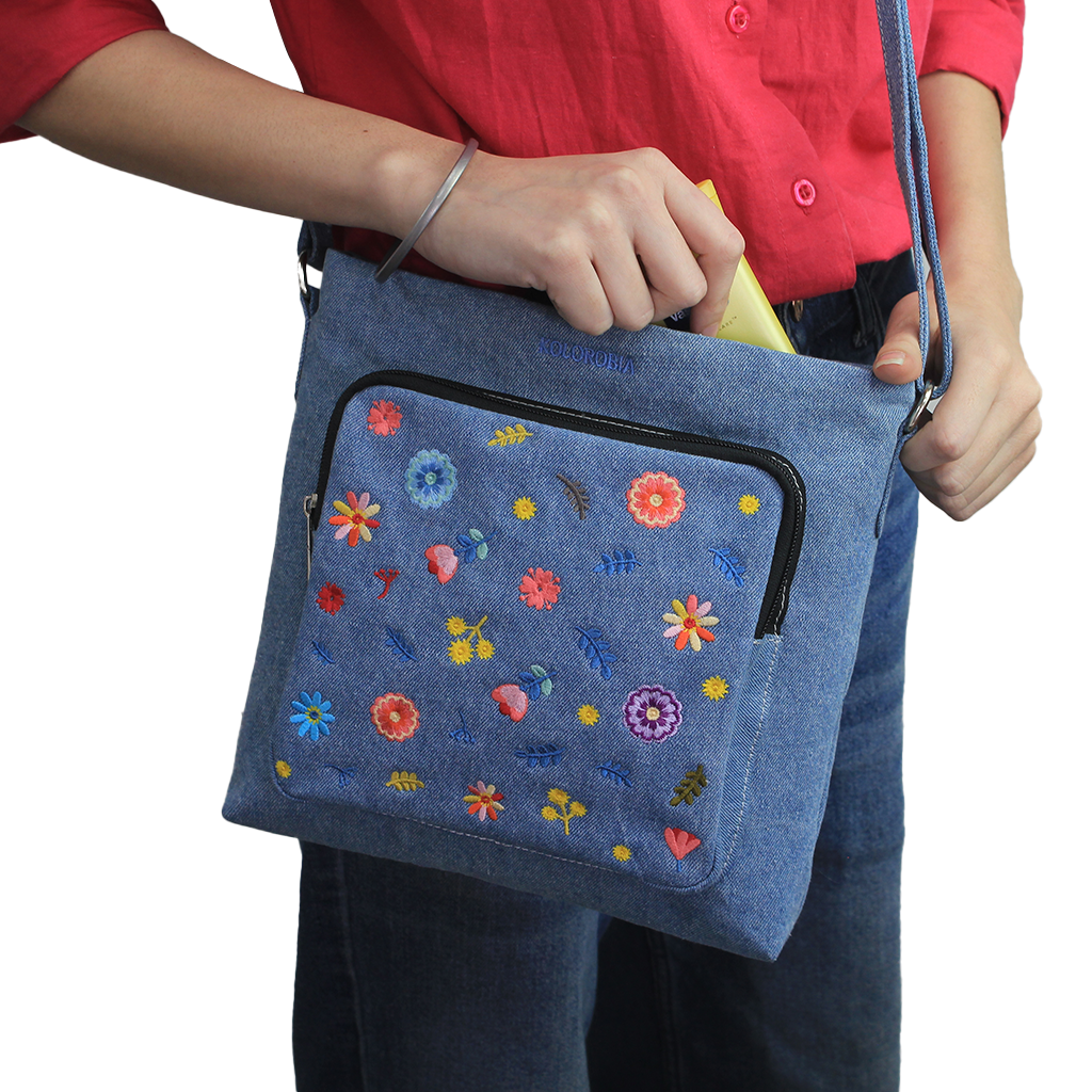 Garden Party Embroidered Denim Sling Bag