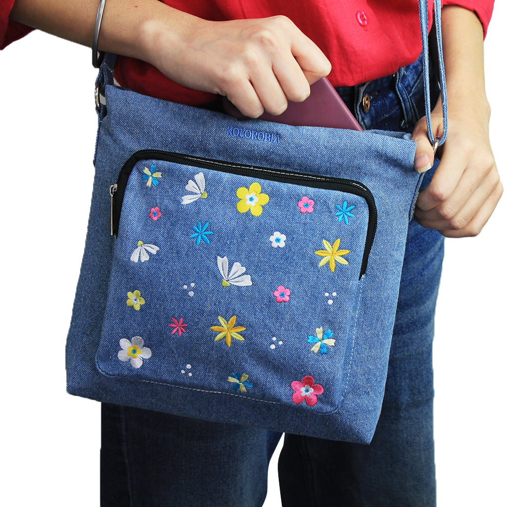 Blue Sky Blossoms Embroidered Denim Sling Bag