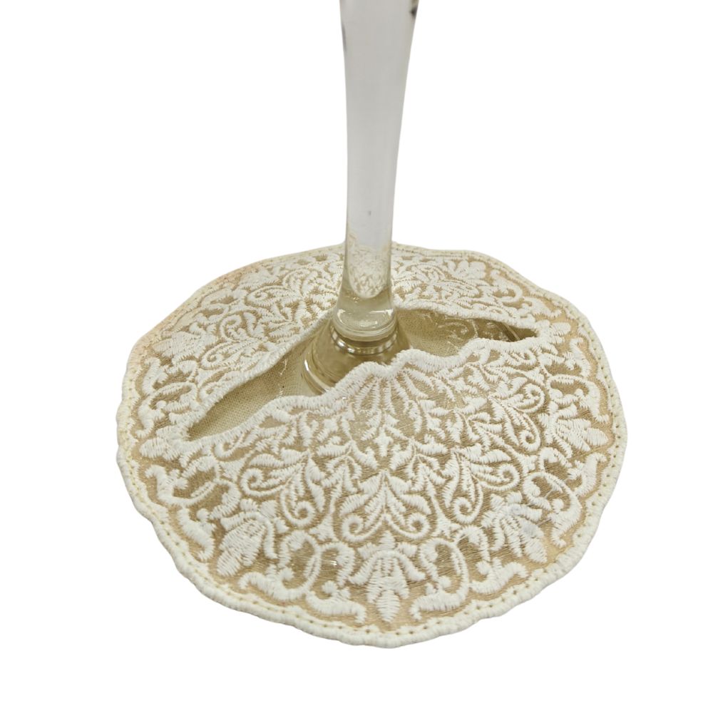 Wine Glass Embroidered Coaster - Champagne Lace Coin