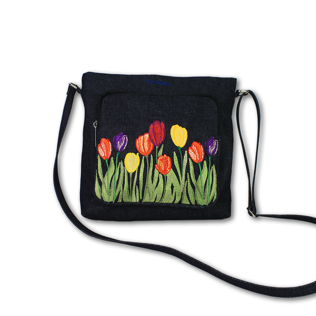 Tulip Delight Embroidered Denim Sling Bag