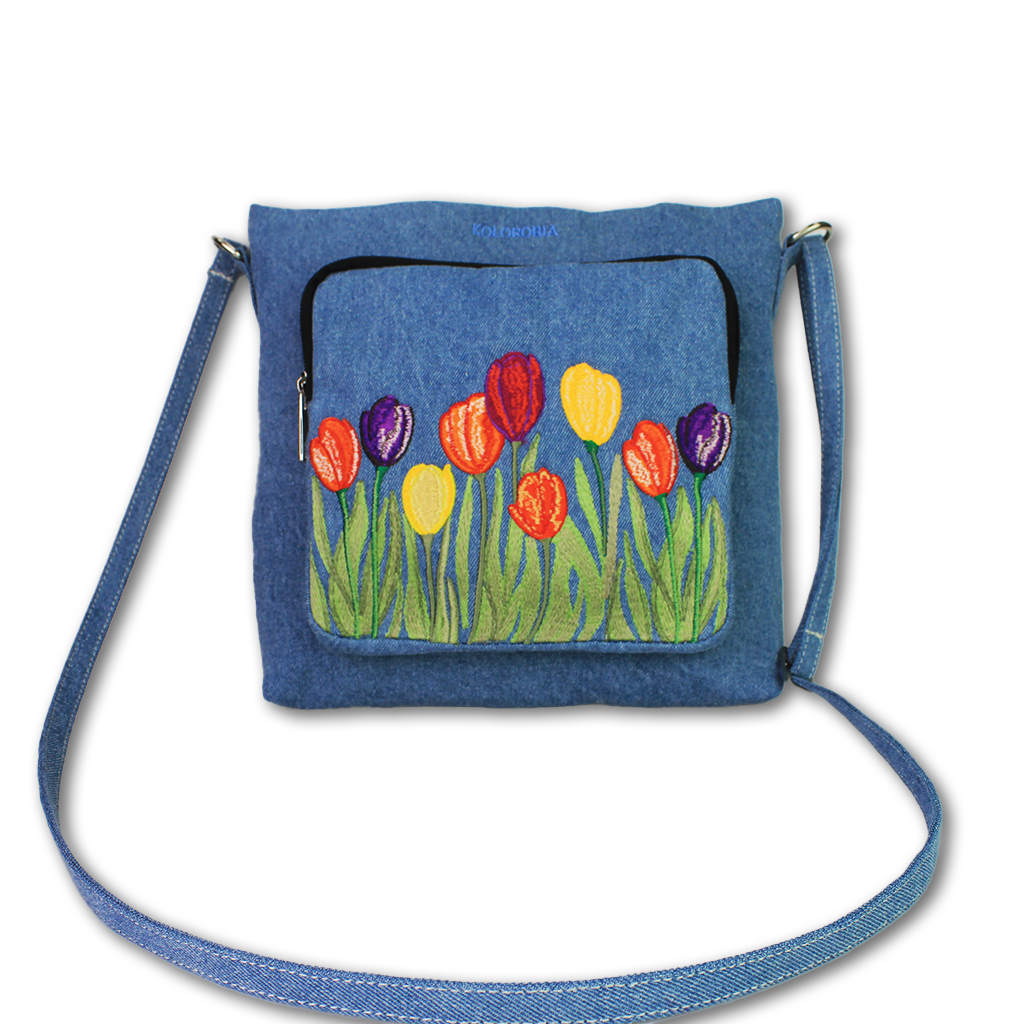 Tulip Garden Embroidered Denim Sling Bag