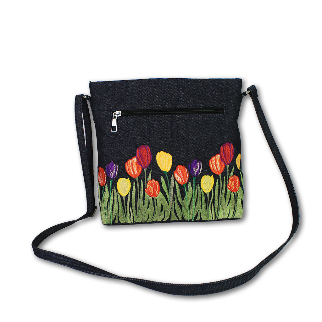 Tulip Delight Embroidered Denim Sling Bag