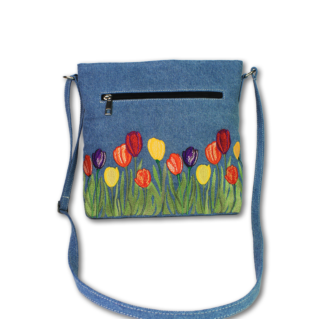 Tulip Garden Embroidered Denim Sling Bag