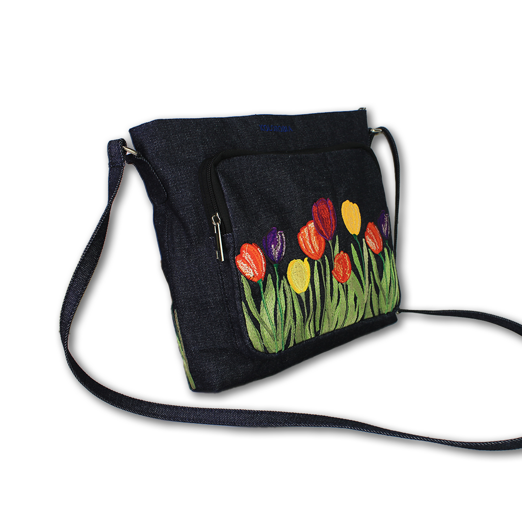 Tulip Delight Embroidered Denim Sling Bag
