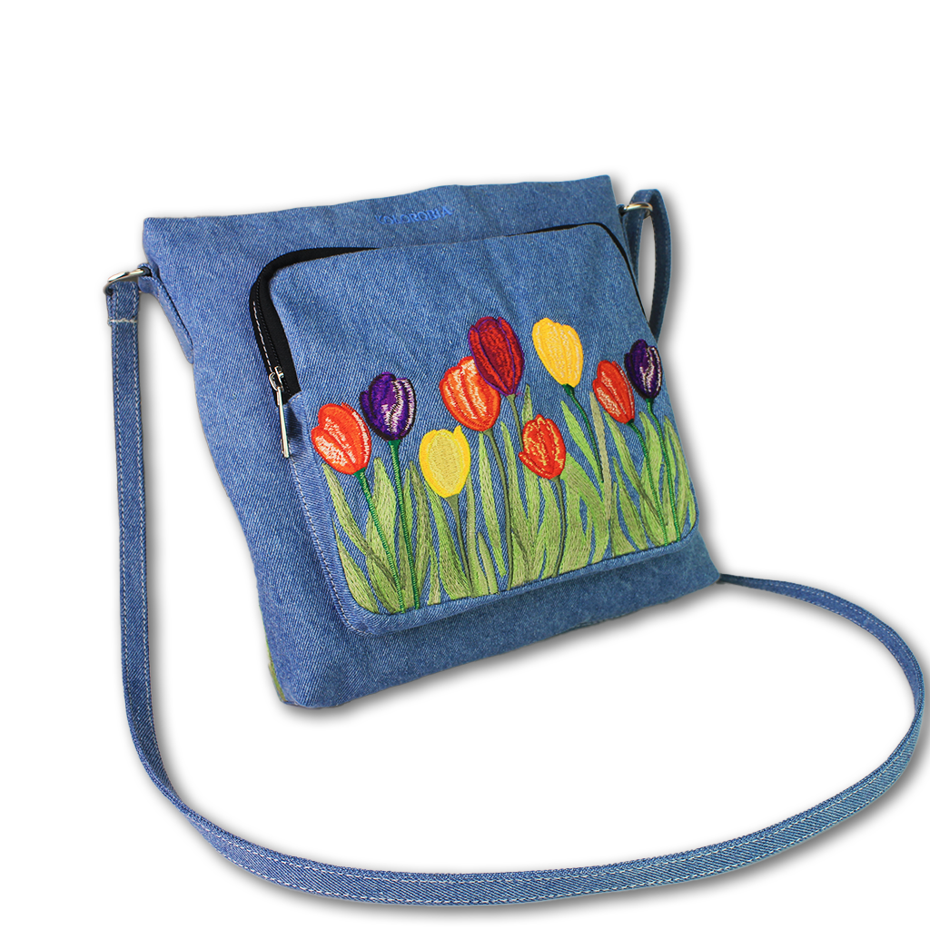 Tulip Garden Embroidered Denim Sling Bag
