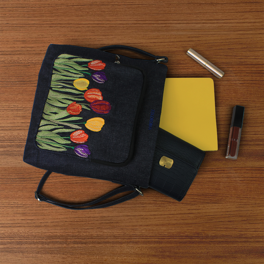 Tulip Delight Embroidered Denim Sling Bag