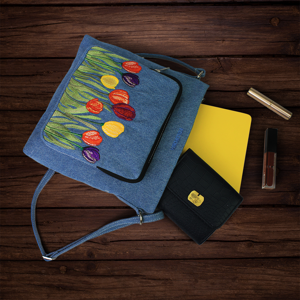 Tulip Garden Embroidered Denim Sling Bag