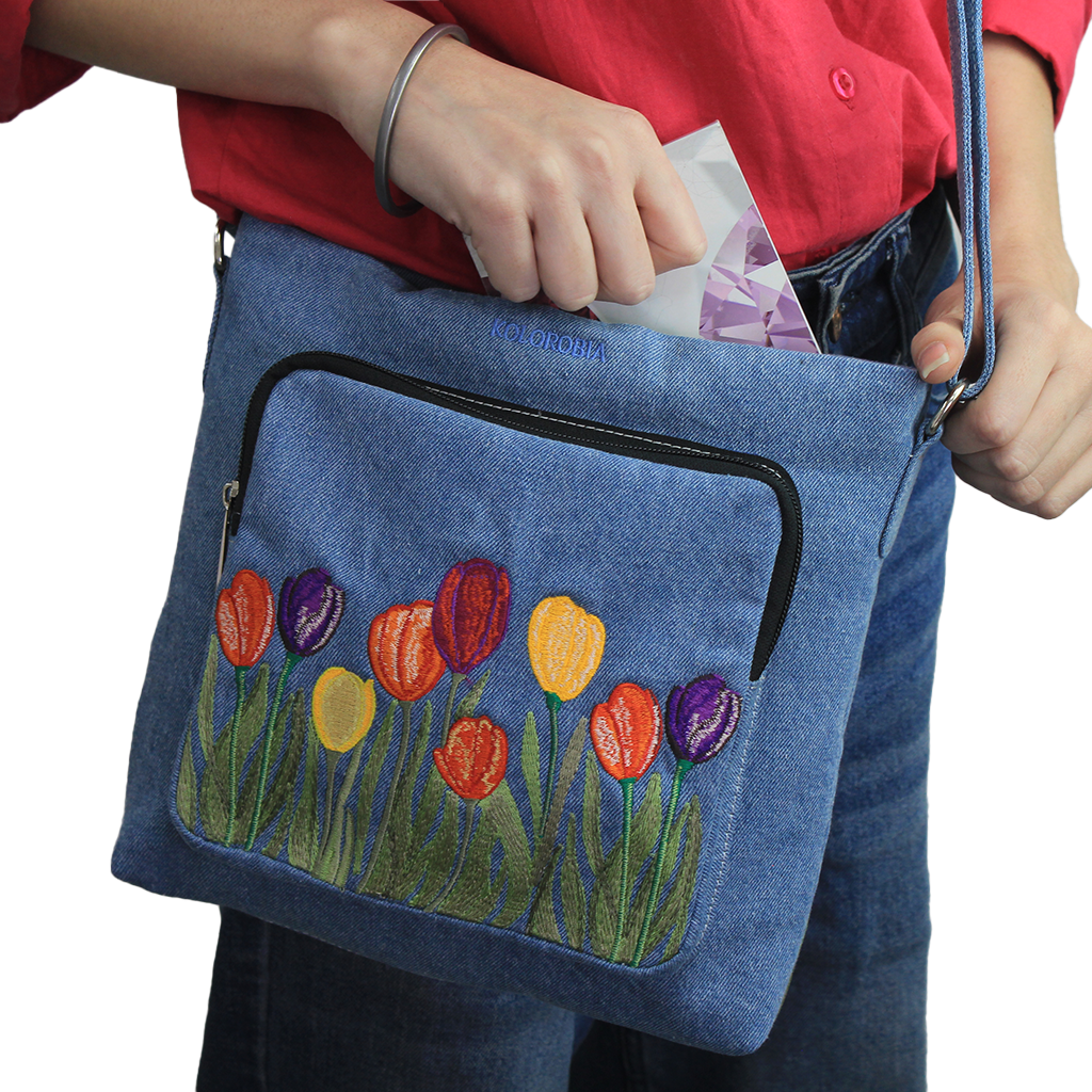 Tulip Garden Embroidered Denim Sling Bag