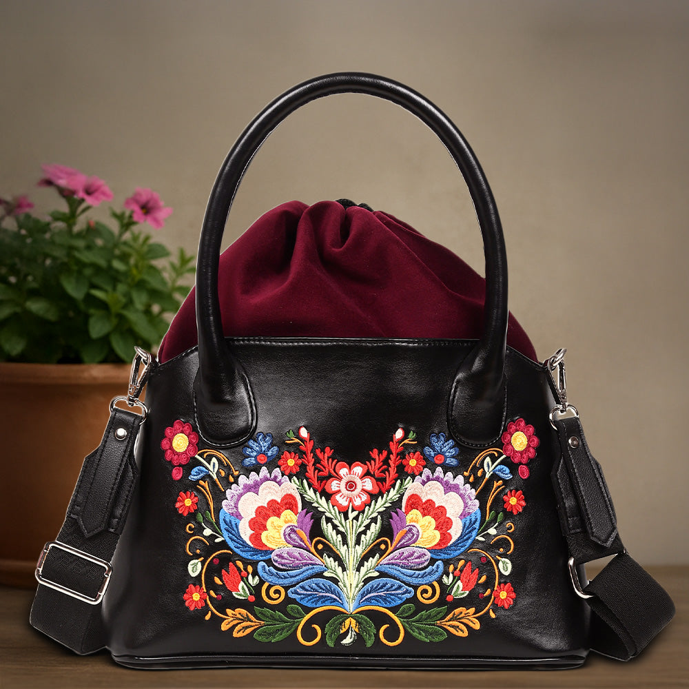 Velvet Floral Wings Embroidered Rexin Bucket Bag
