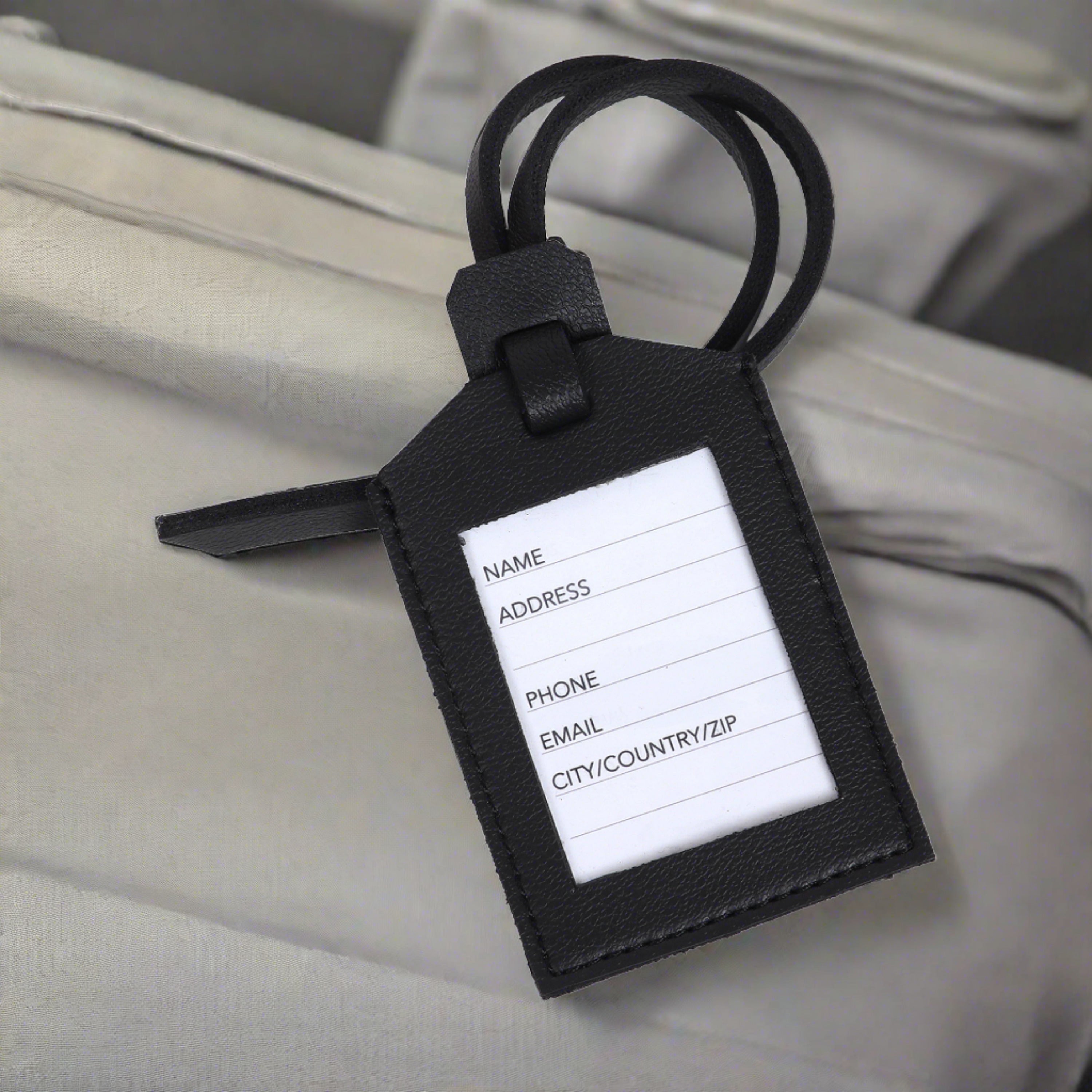 Black Luggage Tag | Compatible with Travel Luggage, Suitcases, Office Laptop and School Bags | for Men and Women | Black leather tag