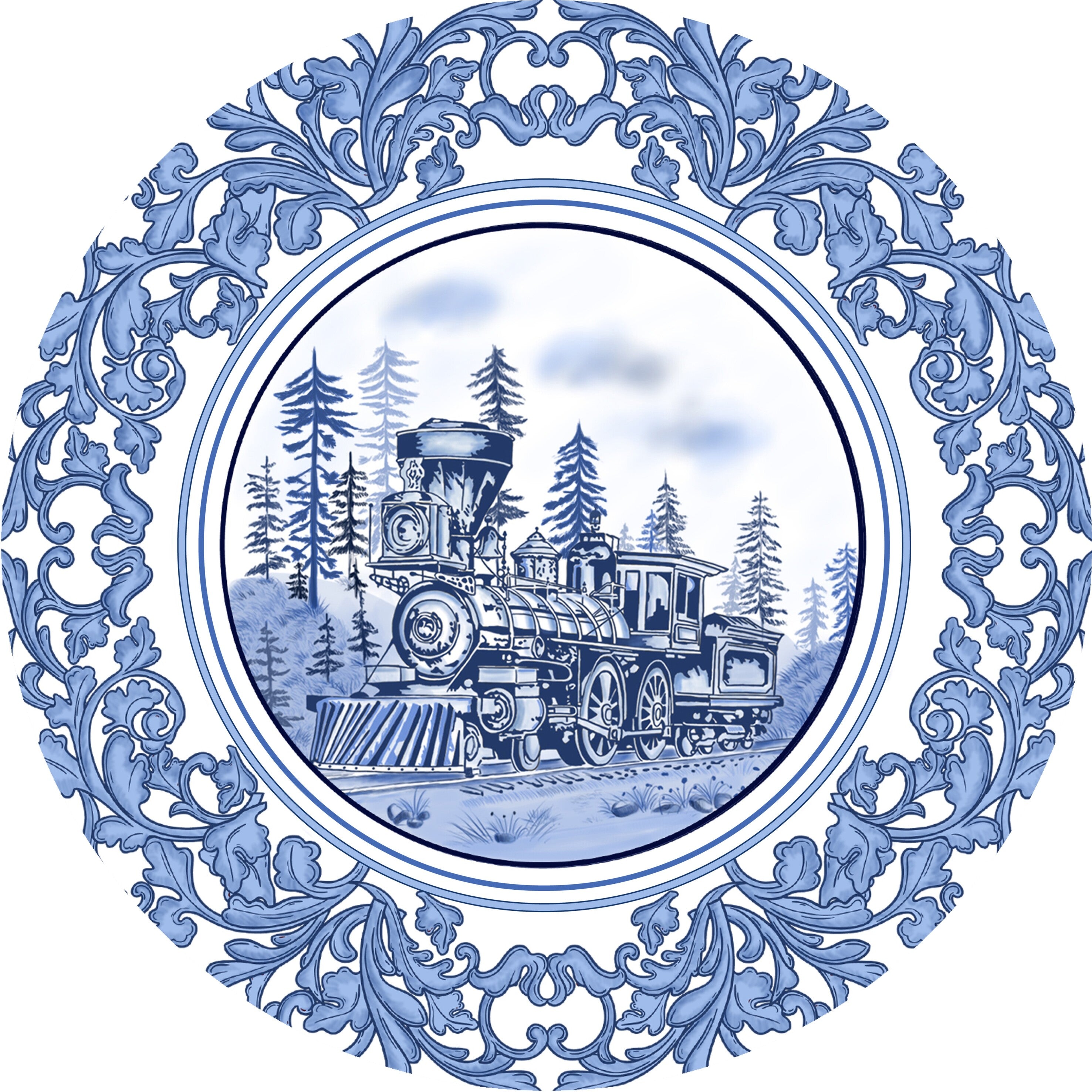 Decorative Wall Plate - Train Blue Pottery