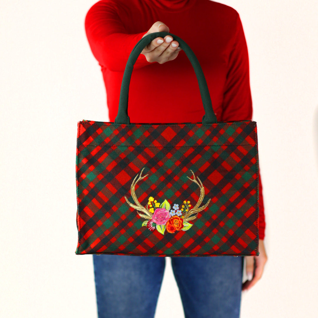 Stag Red Tartan Handbag - Medium