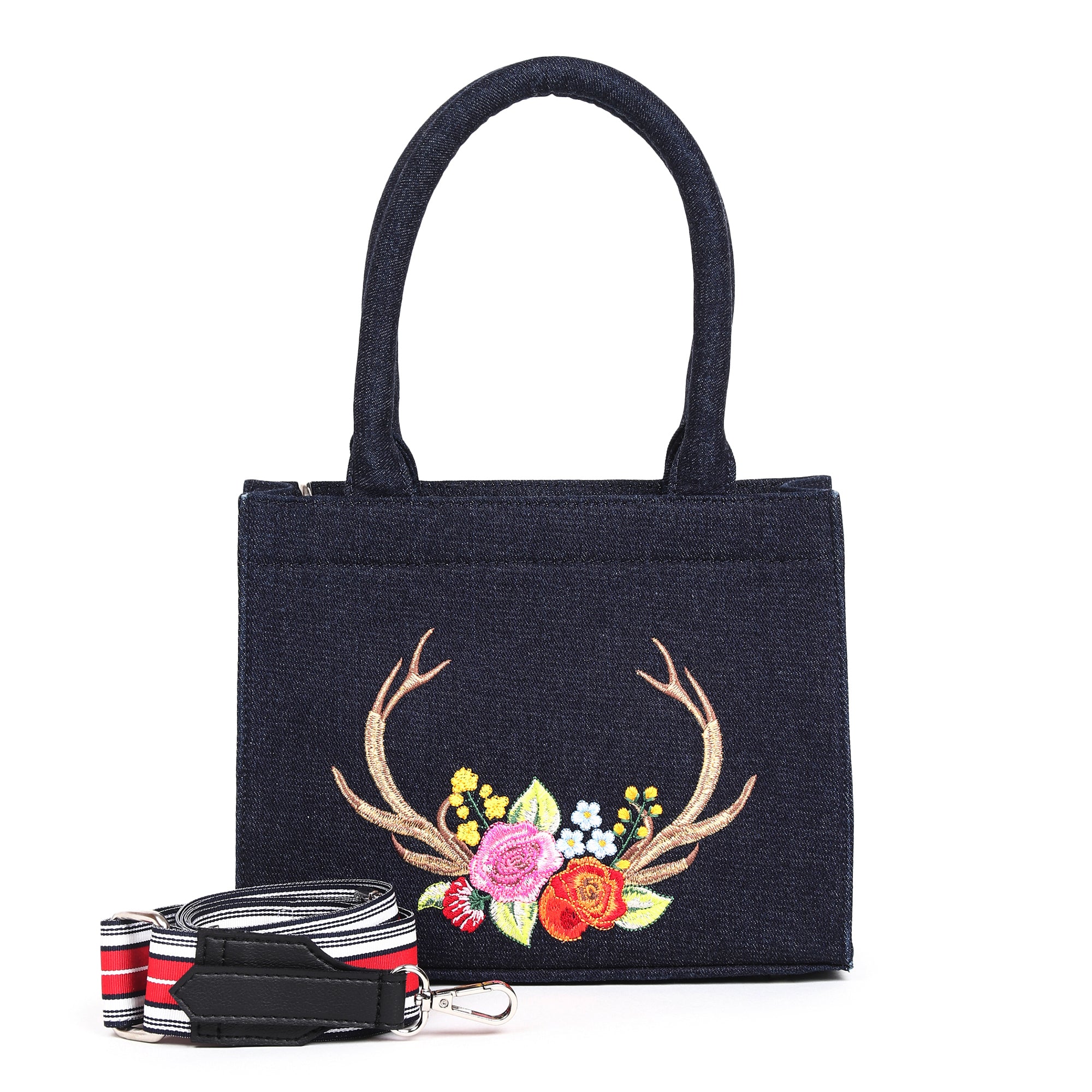 Denim Stag Embroidered Handbag - Small