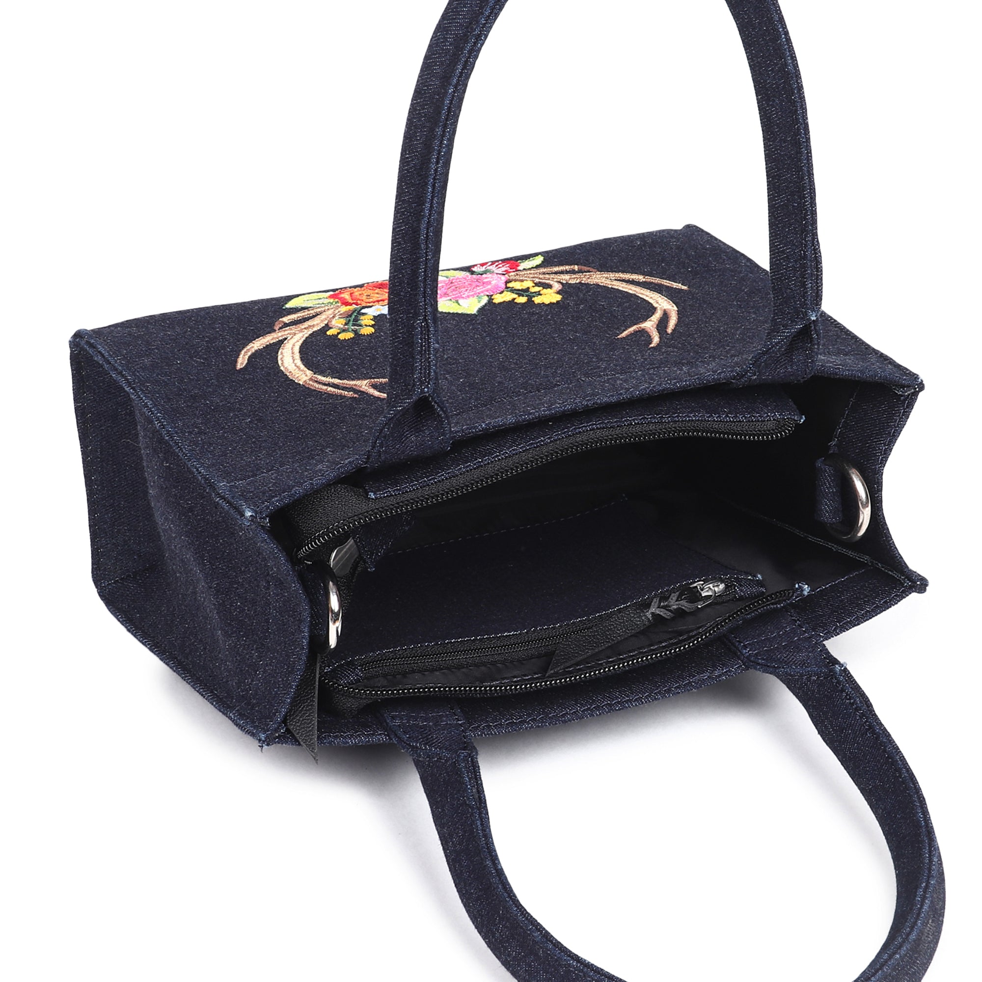 Denim Stag Embroidered Handbag - Small