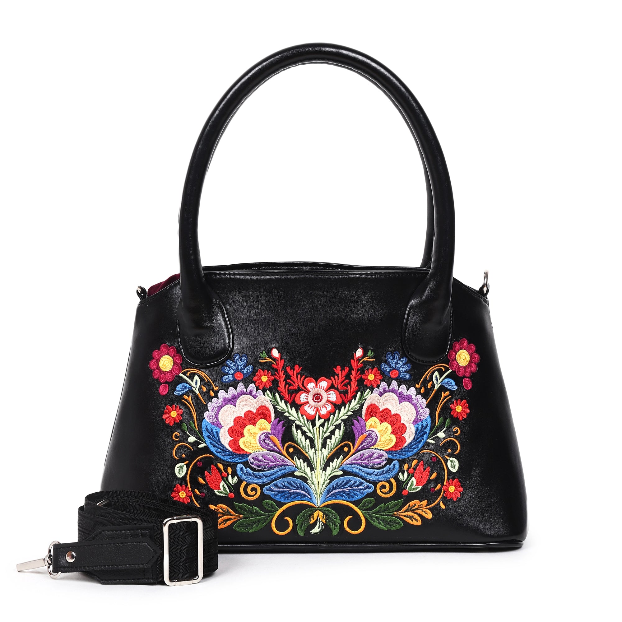 Velvet Floral Wings Embroidered Rexin Bucket Bag