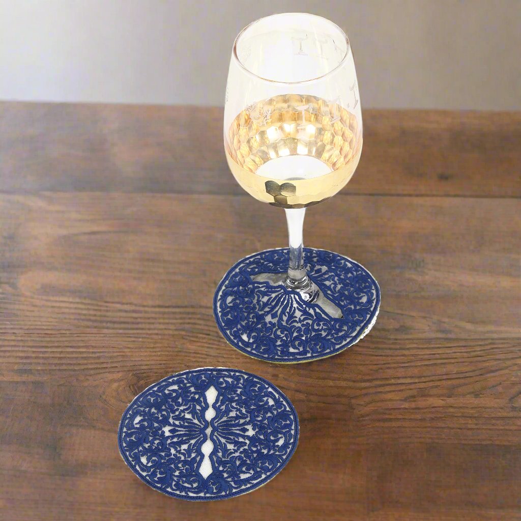 Wine Glass Embroidered Coaster - Classic Midnight Blue