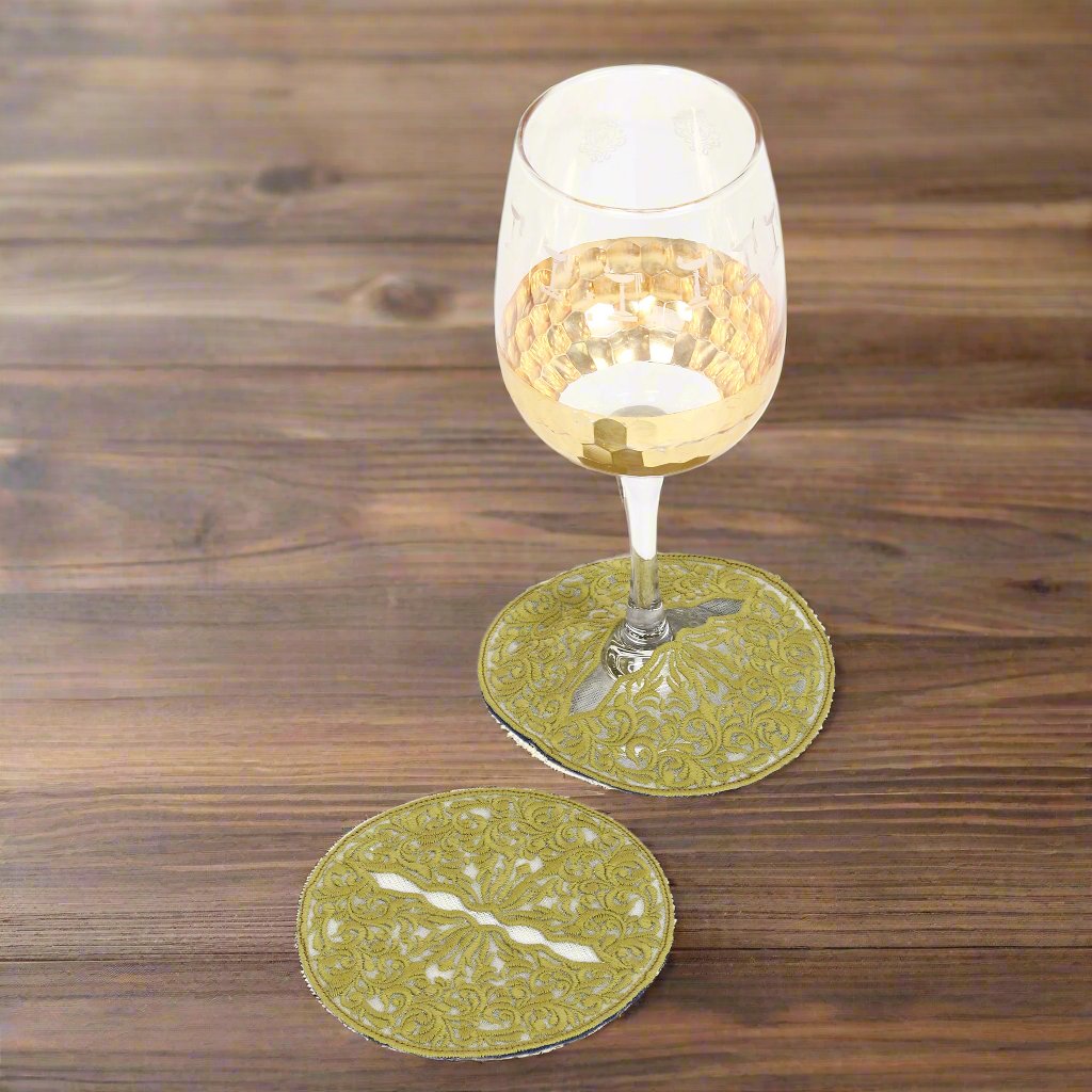 Wine Glass Embroidered Coaster - Classic Olive Green