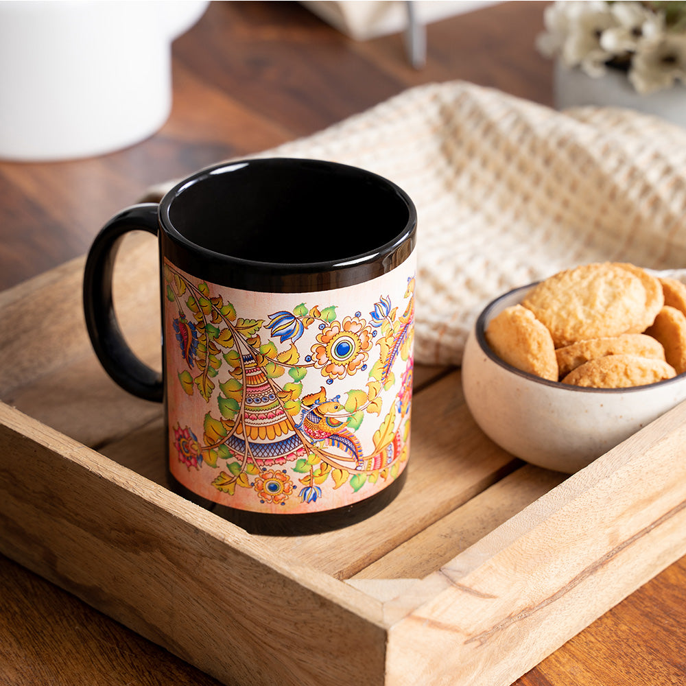 KOLOROBIA Kalamkari Finesse Inspired Black Mug, Microwave Safe,Black Ceramic Mug,Premium Design Black Coffee