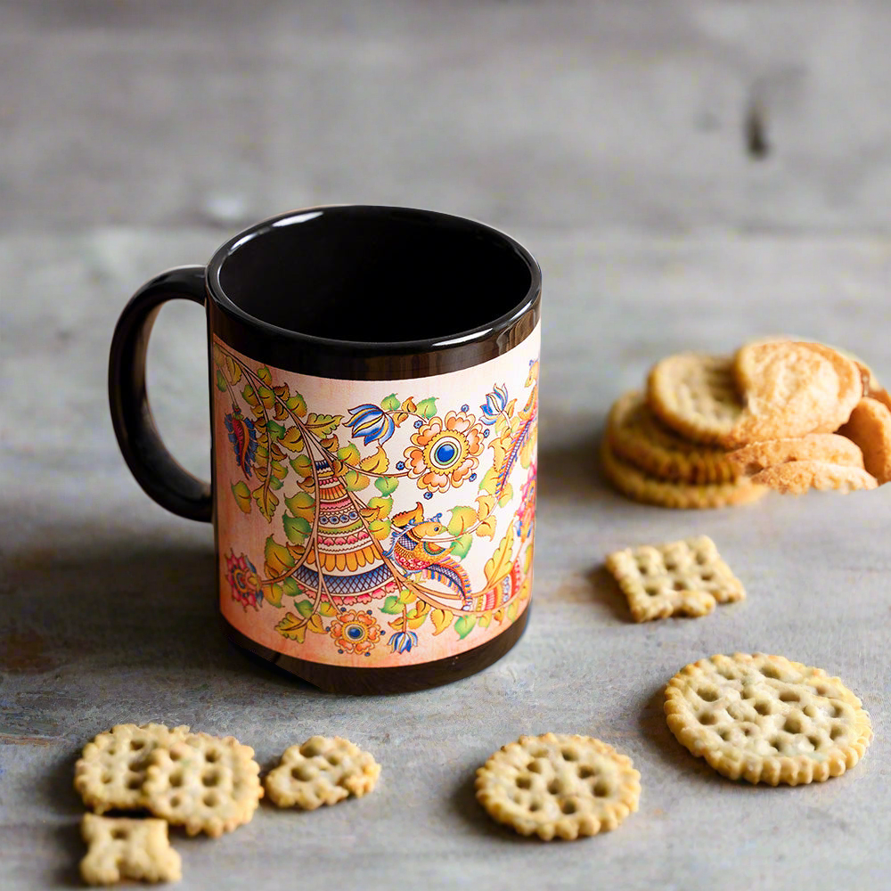KOLOROBIA Kalamkari Finesse Inspired Black Mug, Microwave Safe,Black Ceramic Mug,Premium Design Black Coffee