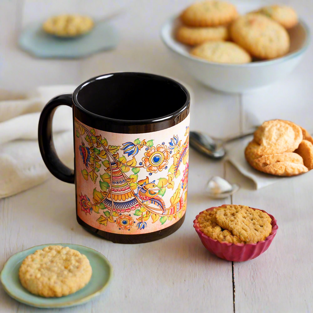 KOLOROBIA Kalamkari Finesse Inspired Black Mug, Microwave Safe,Black Ceramic Mug,Premium Design Black Coffee