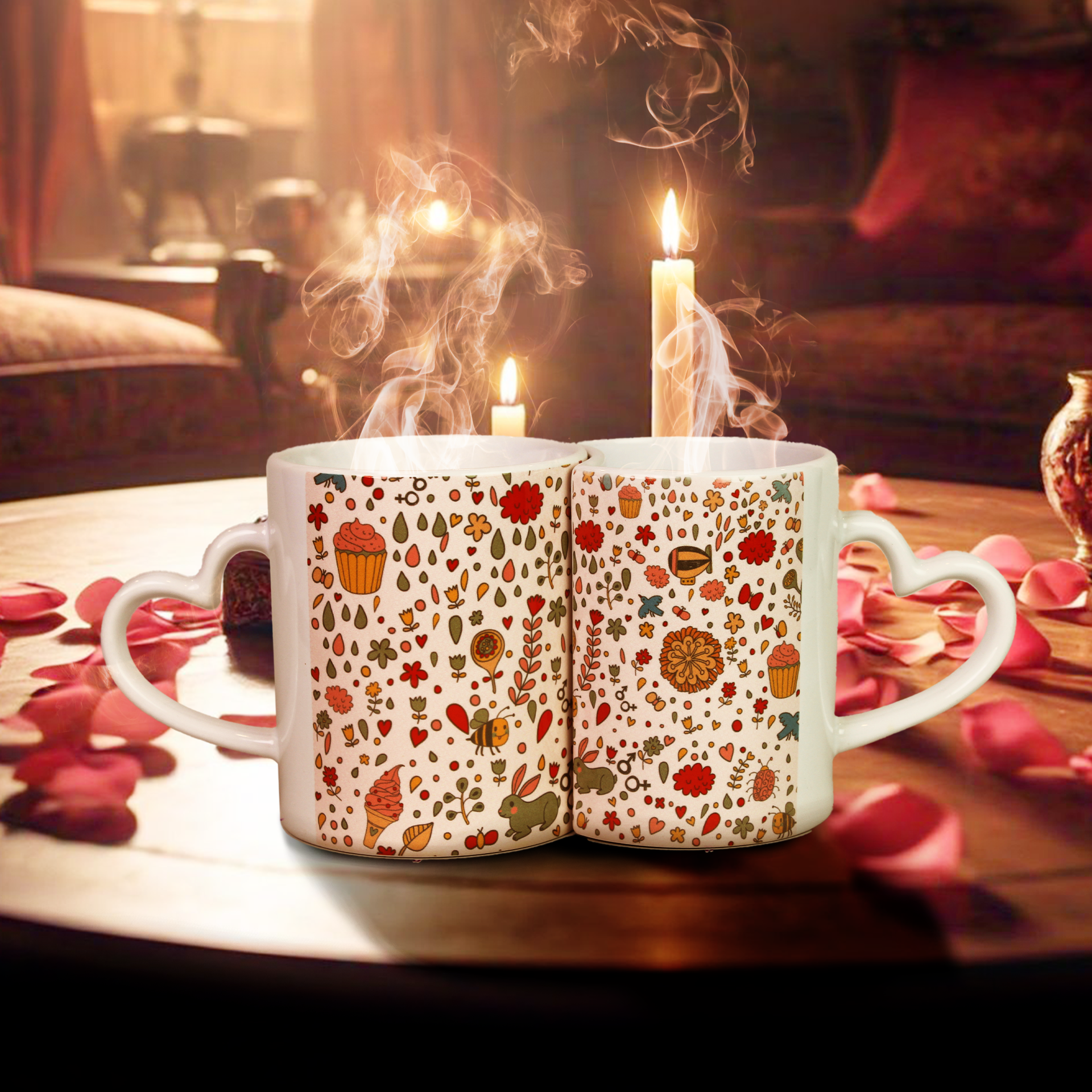 Ceramic Lover Mugs for couples, designed with heart-shaped handles and Valentine-themed prints with interlocking system for a perfect date night or gifting your loved ones .
