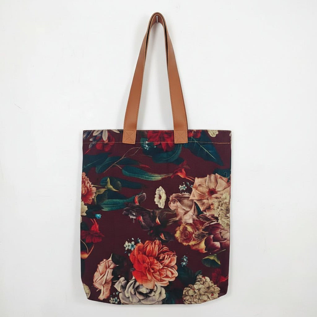 Dark red floral tote bag