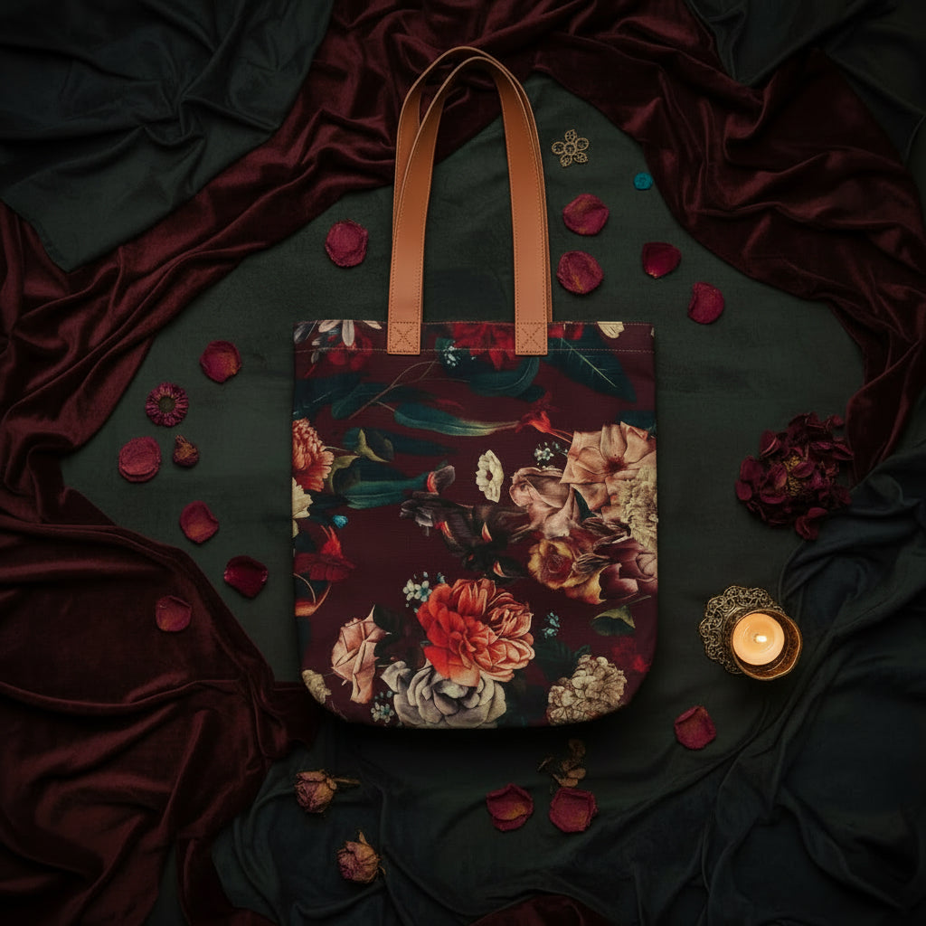 Dark red floral tote bag