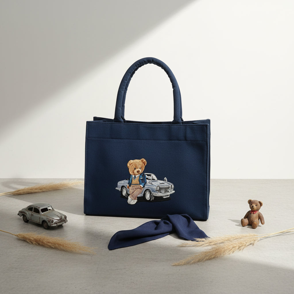 Car Bear Blue Medium Handbag