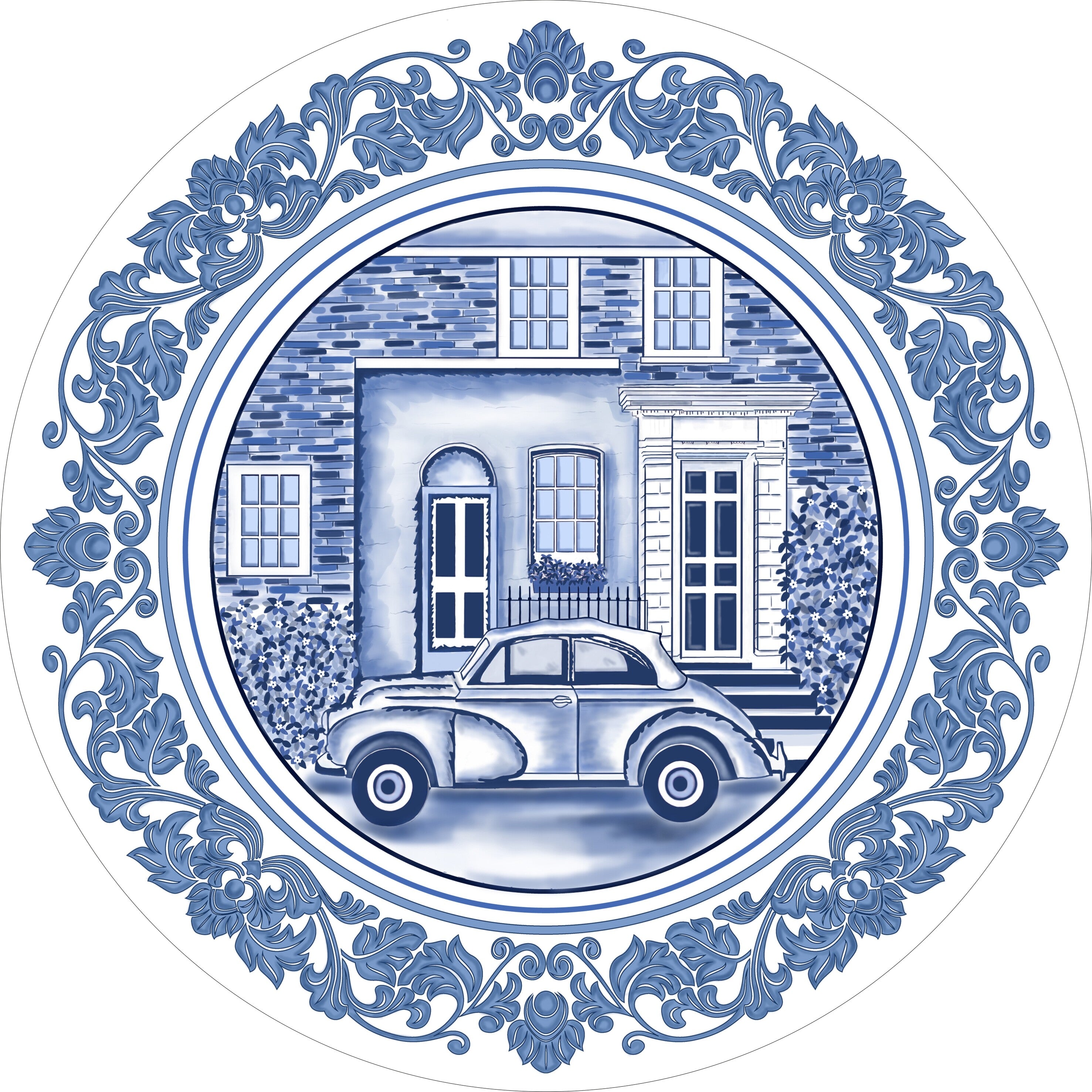 Decorative Wall Plate - Retro Car Blue Pottery