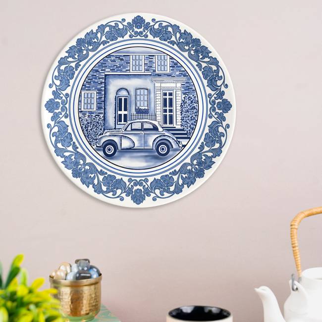 Decorative Wall Plate - Retro Car Blue Pottery