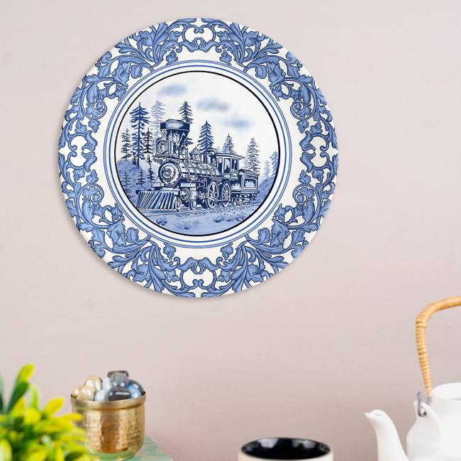 Decorative Wall Plate - Train Blue Pottery