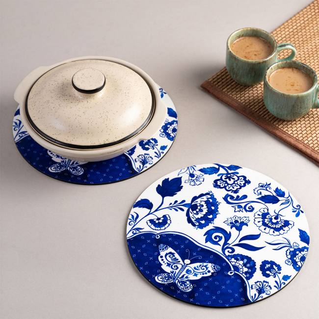 Wooden Coasters (Set of 2) - Blue Pottery