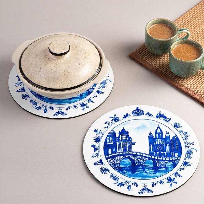 Wooden Coasters (Set of 2) - Blue Pottery