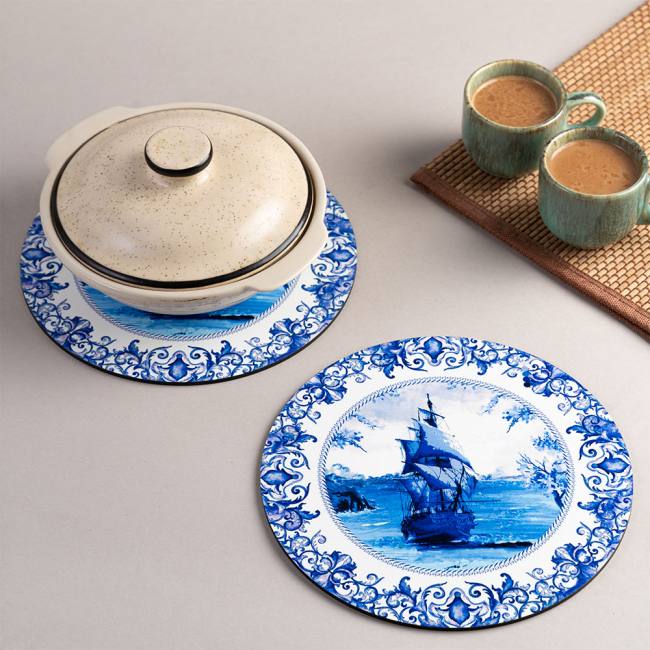 Wooden Coasters (Set of 2) - Blue Pottery