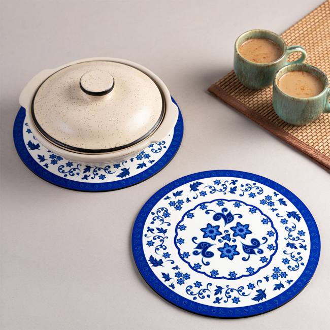 Wooden Coasters (Set of 2) - Blue Pottery