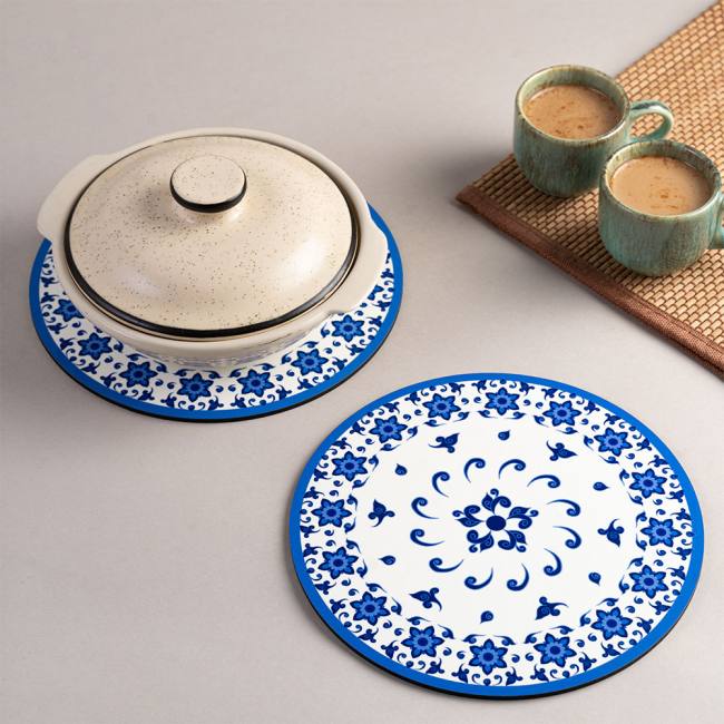 Wooden Coasters (Set of 2) - Blue Pottery