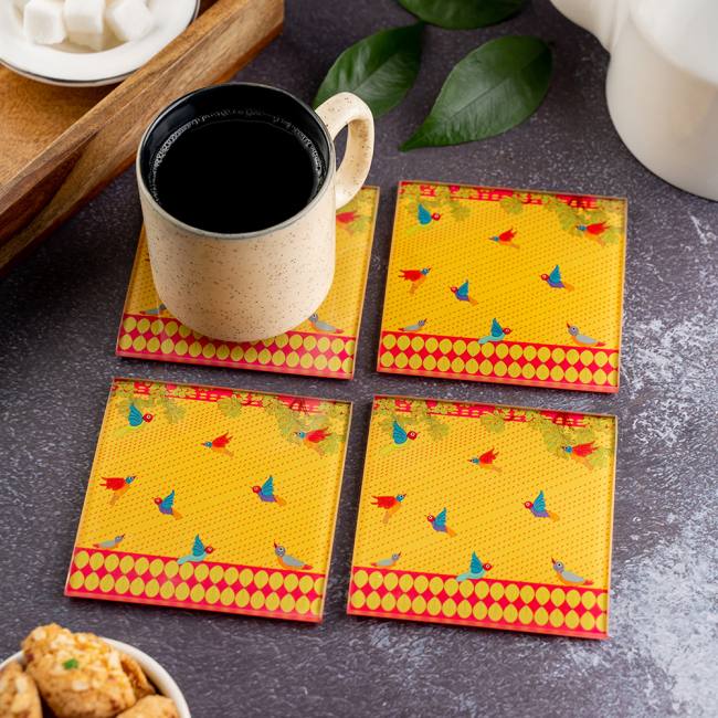 Glass Coasters (Set of 4) - Gond Art