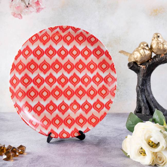 Decorative Wall Plate - Red and White Dazzling Ikat