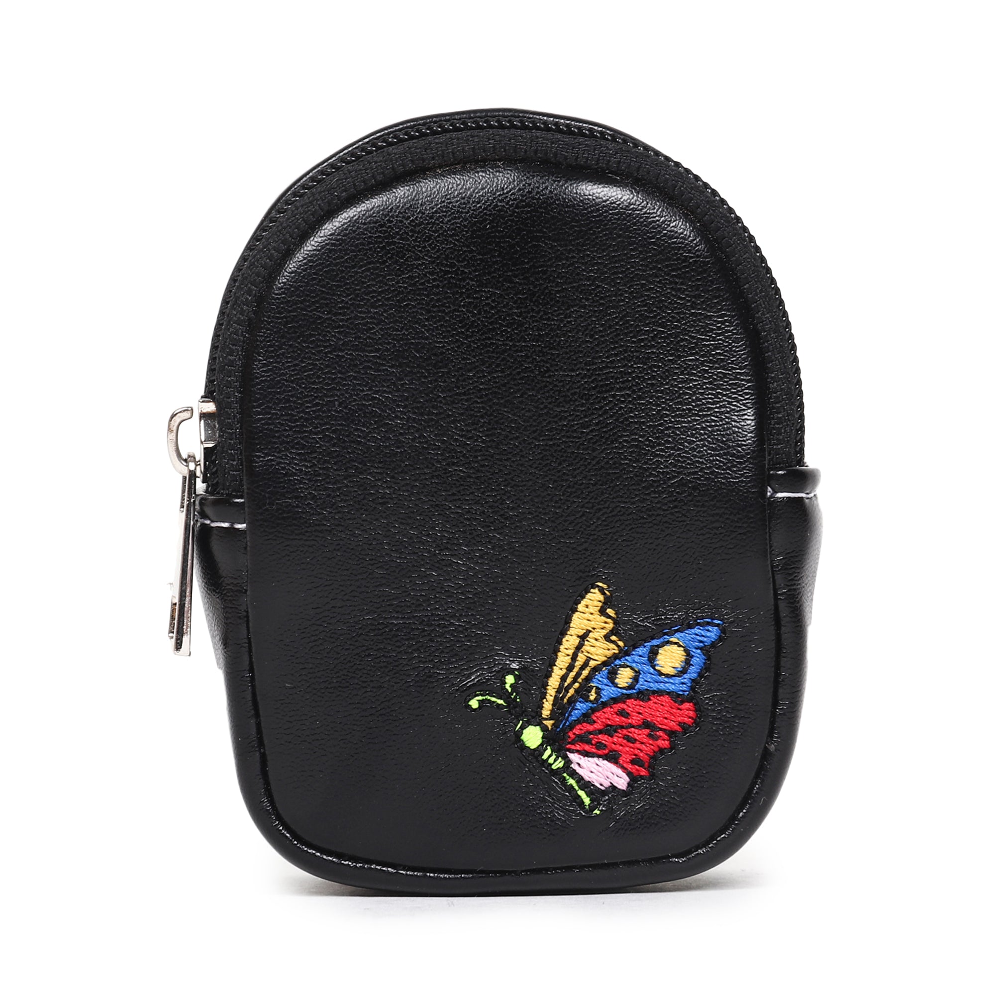 2 in 1 earpod case and coin pouch  , black leather , butterlfy embroidery .
