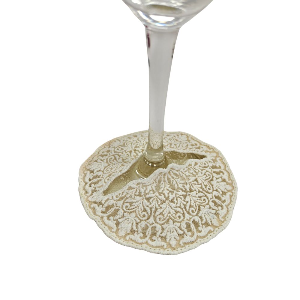 Wine Glass Embroidered Coaster - Champagne Lace Coin
