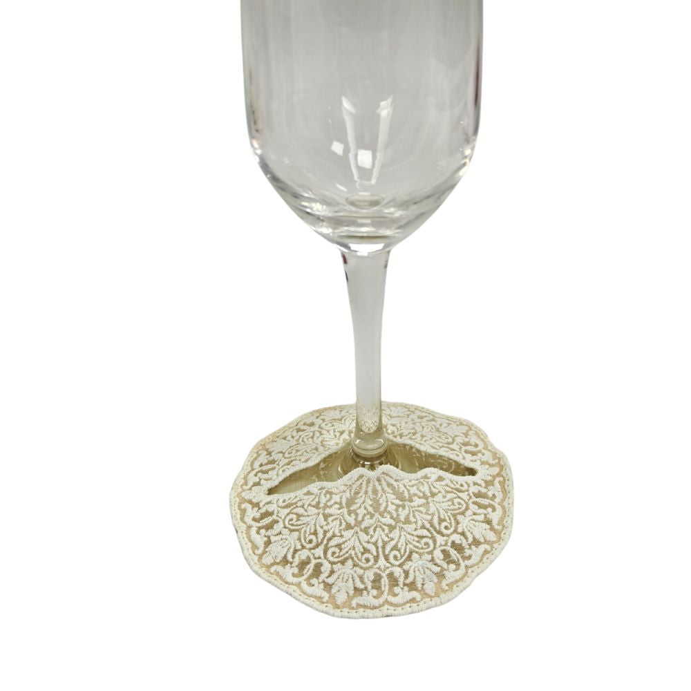 Wine Glass Embroidered Coaster - Champagne Lace Coin